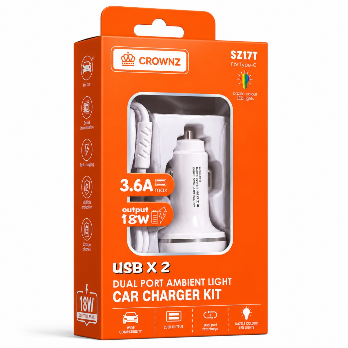 Crownz Dual USB Car Charger Kit with Type-C Cable