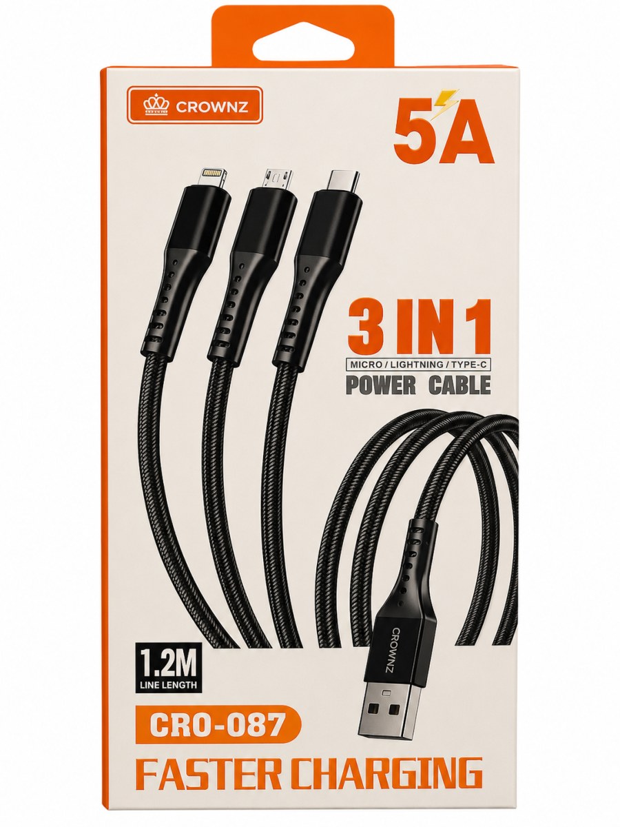 Crownz 3-in-1 Fast Charging Cable 5A