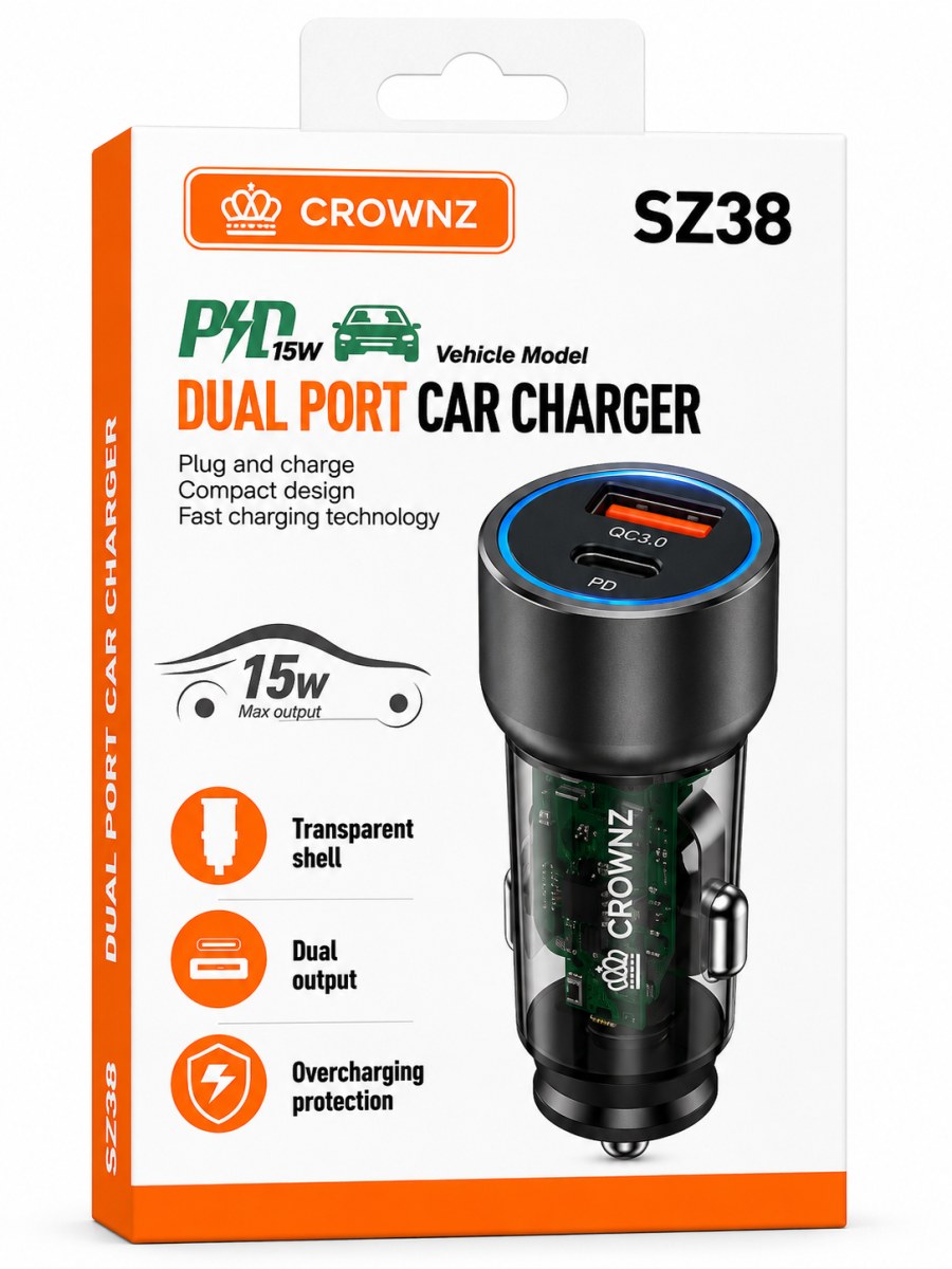 Crownz SZ38 Dual Port Fast Car Charger PD & QC 3.0
